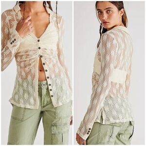 FREE PEOPLE Flower Fields Sheer Button-Front Shirt - Beige - Sz M